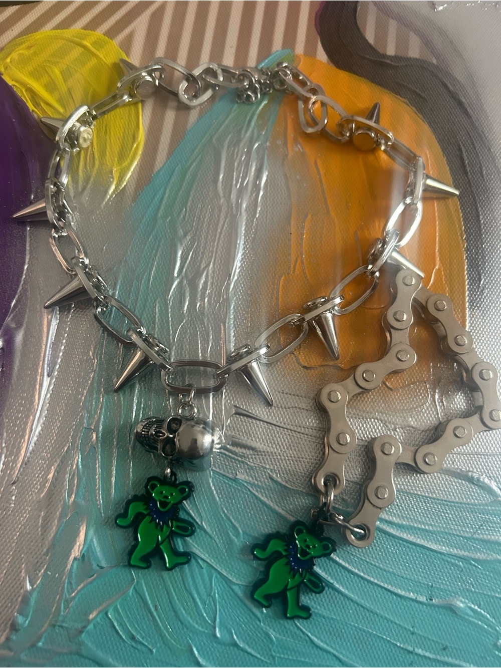 Grateful Dead Silver Spike Chain Necklace with Jerry Bear Charms and bracelet